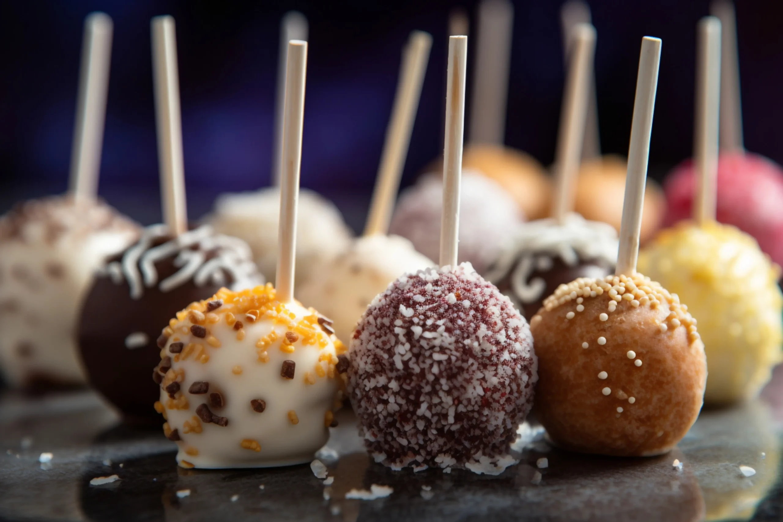 Assorted homemade cake pops with colorful coatings and sprinkles, displayed elegantly for a party